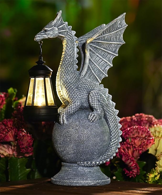 Solar Garden Dragon Statue: Outdoor Figurine with Lantern Lights | Weatherproof Resin Decorations, Home Yard Lawn Porch Balcony Patio Decor,Birthday Gifts for Mom Women Grandma