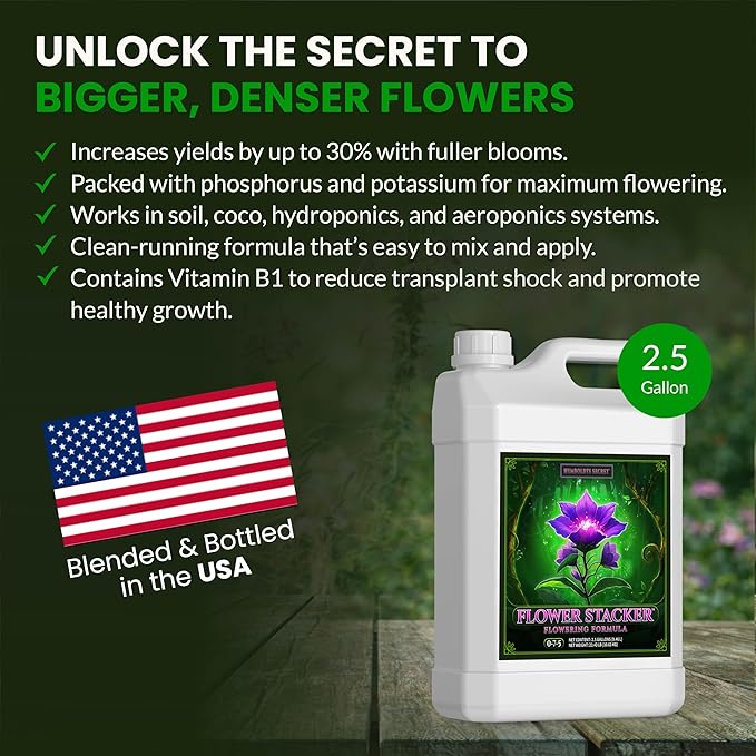 Humboldts Secret Flower Stacker | 0-7-5 Bloom Booster with Vitamin B1 | High Phosphorus Potassium Flowering Nutrients | Potting Soil Hydroponics Coco | Indoor & Outdoor Plants | 2.5 Gallon