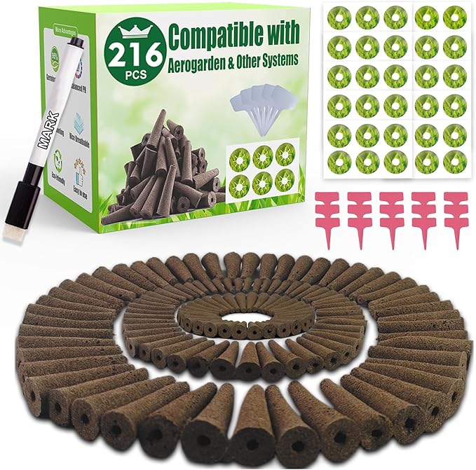 216 pcs Seed Pods Kit for Aerogarden, Grow Sponges for Hydroponics Growing System, Grow Pods for Aerogarden Kit with 100 Hydroponic Grow Sponges, 100 Pod Labels, 15 Plant Tags, 1 Mark Pen, Pink