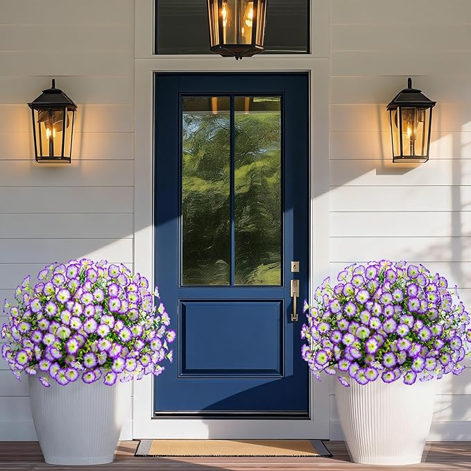 Yastouay Artificial Flowers for Outdoors, 14 Bundles Fake Outdoor Flowers, UV Resistant Artificial Plants & Flowers for Decoration, Purple/White Realistic Morning Glory for Outdoor Porch Garden