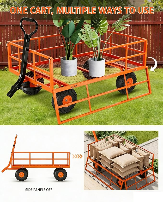 GarveeLife Heavy Duty Steel Garden Cart 1200 LBS Capacity 3 in 1 Pullable Garden Wagon with 13 in Wheels for Gardening Soil, Tools, and Plant Transport