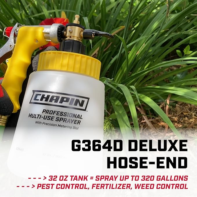 Chapin G364D Lawn and Garden Sprayer Bottle, Standard Hose End Connection, Anti-Siphon Valve, Adjustable Nozzle, Tank Sprays 20Gals, Spraying Plants, Weeds, Insects, Fertilizers, Made in USA, 32oz