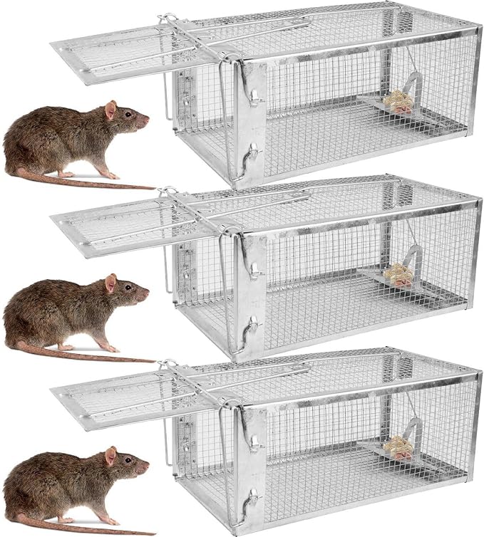 TeqHome Humane Rat Trap, 3 Pack Small 1-Door Live Chipmunk Trap That Work for Indoor and Outdoor,Easy to Catch and Release Live Animal Traps Mouse Cage Traps Reusable for Rodents Mice Voles Hamsters