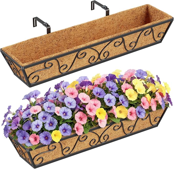 HFHOME 30 Inch Railing Planter Box with Coco Liners and Adjustable Brackets for Porch, Fence, Patio, Balcony Hanging Flower Railing Baskets, Outdoor Garden - 2 Packs