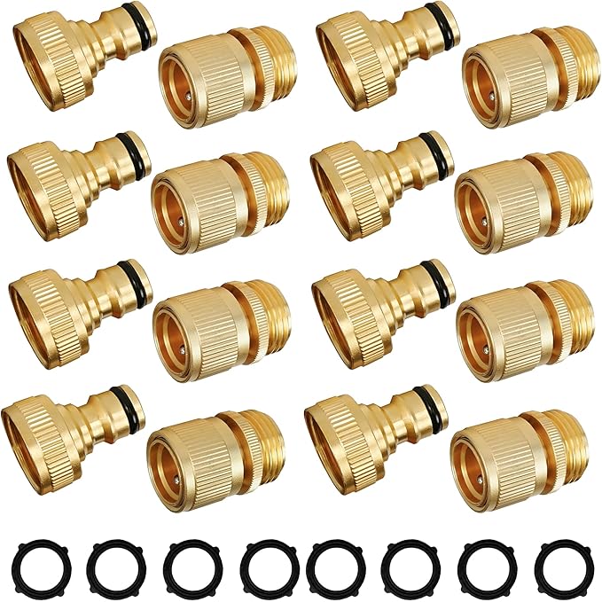 Hourleey Garden Hose Quick Connect, 8 Set Solid Brass 3/4 Inch GHT Thread Garden Hose Quick Connect Fittings, No-Leak Male and Female Water Hose Quick Release Connectors