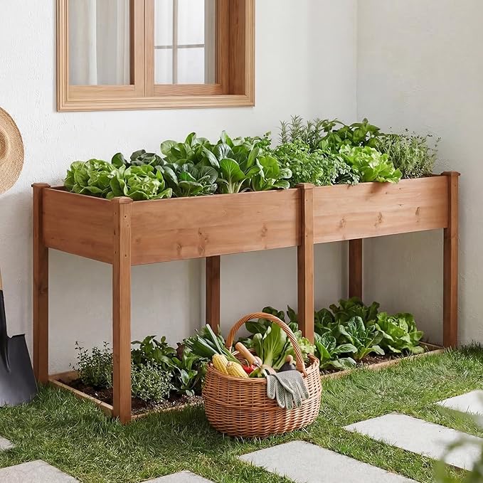 DUMOS Raised Garden Bed with Legs, 72x23x30 Inch Planter Box Outdoor with Liner for Herbs Flowers Vegetables, Elevated Wooden Garden Bed for Patio, Balcony and Backyard, Brown