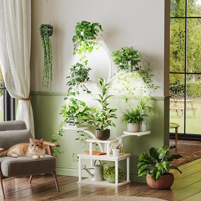 PRAISUN 51 Inch Plant Stand with Grow Lights, 8 Tiered Indoor Plant Shelf with Larger Flower Holder, Curved-tubed Design, 3 Light Modes, Corner Plant Rack for Living Room, Oak