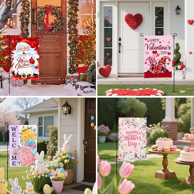 Seasonal Garden Flags Set of 12, Double Sided 12 x 18 Inch, Easter Garden Flags for Outside, Christmas Halloween Small Yard Flags for Outside, Seasonal Decorative Flags for Outdoor Festival