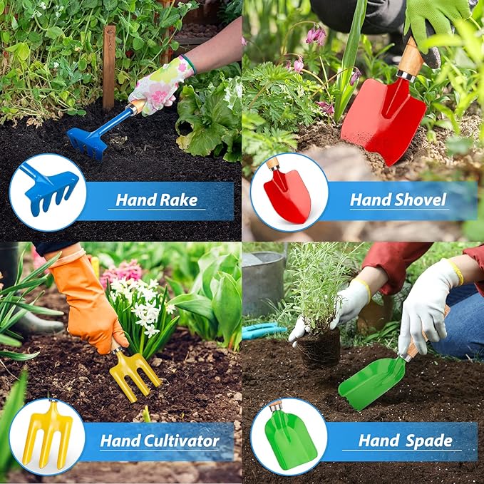 Anzmtosn Kids Metal Garden Tool Set Sand Toy, Rake, Spade, Hoe and Leaf Rake, Beach Shovels Scoop Toy, Essential Toddler Sandbox Kit Beach Gear Accessories Outdoor Gardening, 4 Pack