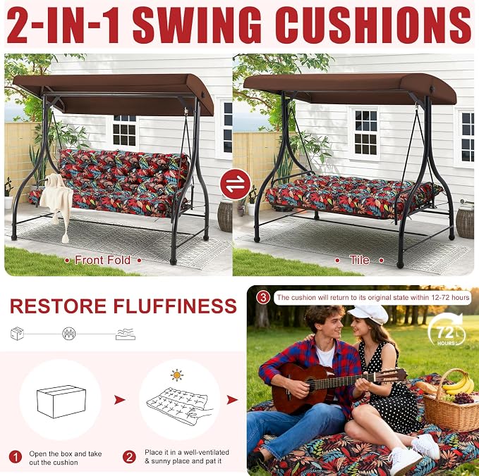 Porch Swing Cushions Outdoor 70 inch x 40 Waterproof Swing Cushions 3 Seater Replacement with Backrest & 8 Ties 5" Thick Bench Swing Cushions for Outdoor Furniture Patio(Red Leaves)