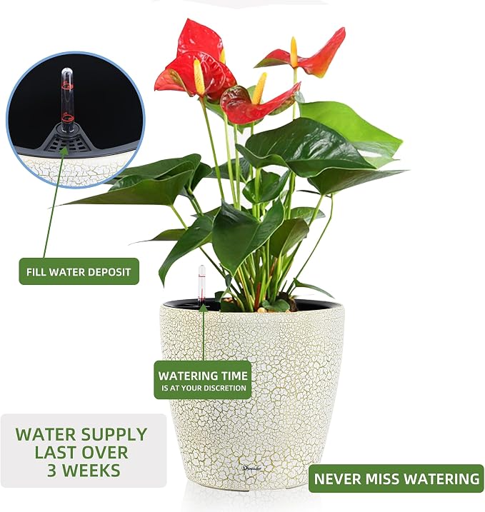 Dexceder 18x17 Self Watering Planter with Wheels (White Gold Crackle) | Inner Pot Design, Thickened Large Floor Standing Flower Plant Pot with Water Level Indicator Indoor Outdoor
