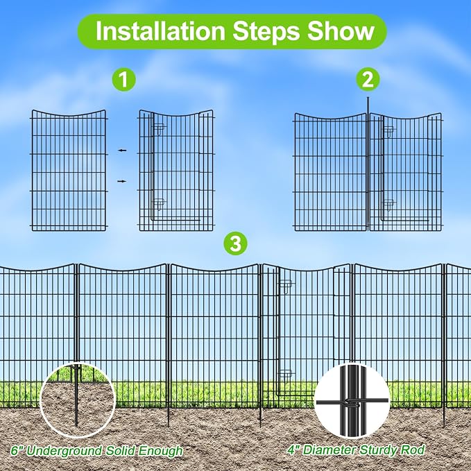 INJOPEXI Decorative Garden Fence 6 Panels 13ft (L)×42in (H) Animal Barrier Fences with 5 Panels + 1 Gate, No Dig Garden Fencing Rustproof Metal Wire Temporary Rabbit Dog Fence for Patio Outdoor Yard