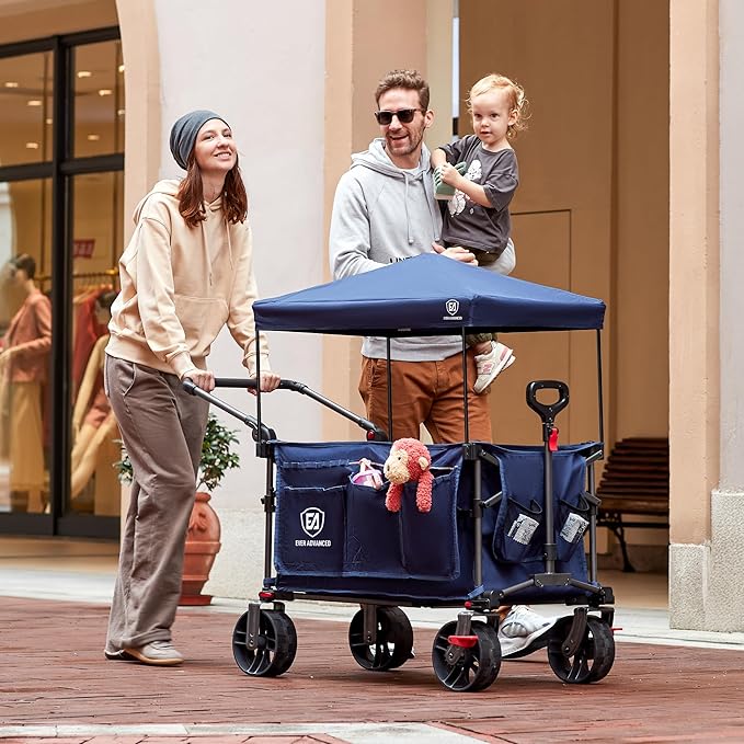 EVER ADVANCED Folding Push Wagon with Canopy, Portable Shopping Cart with Brakes, Collapsible Wagon Cart with All-Terrain Big Wheels for Camping, Beach, Sports