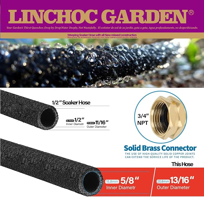 5/8 Inch 50FT Soaker Hose - High Flow Flexible Design for Large Garden Plots | Eco-Friendly Water-Saving & Root-Targeted