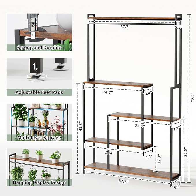 MJOMKN Large Plant Stand Indoor with Grow Light , 72" Tall Metal Plant Shelf, 5 Tiers 12 Pots Holder, Heavy-Duty Rectangle Display Rack for Living Room, Patio, Corner