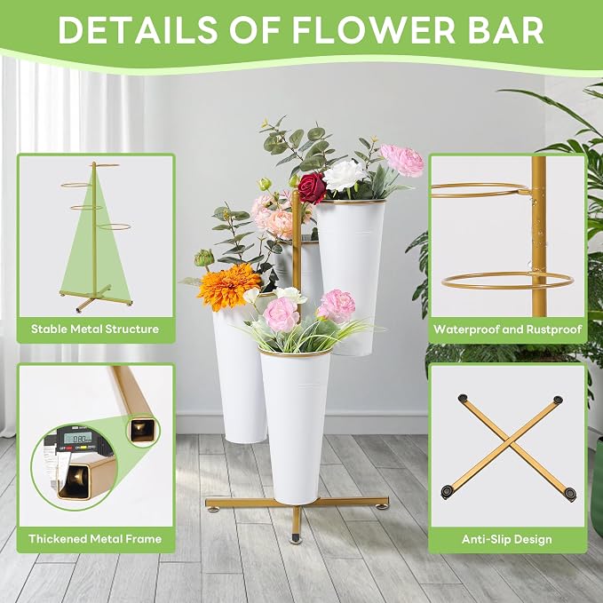 Flower Bar Stand with 4 Metal Buckets, 4 Tier Flower Display Stand, Rotatable Flower Cart Iron Plant Stand for Wedding or Florist Decor, Upgrade Metal Bucket Durable than Plastic Bucket