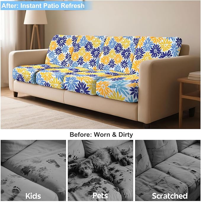 pickyNproud 8Pcs Patio Cushion Covers Stretch Outdoor Couch Cushions Slipcovers Replacement Washable Furniture Protector with Elastic Bottom Sofa Chair Seat Cover, Blue Yellow Floral