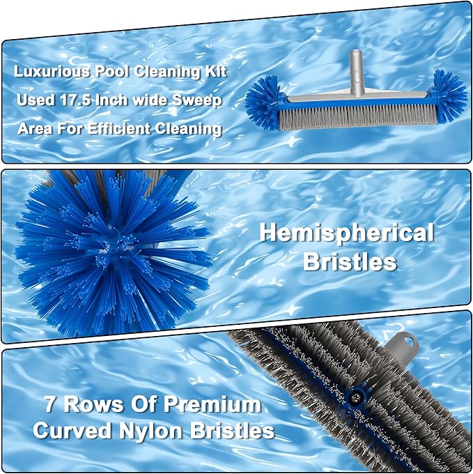Pool Cleaning Kit Professional Heavy Duty Leaf Skimmer Net, Deep Bag Rake & Wall Scrubber Brush, 4-Piece Pool Cleaning Equipment Set for Above Ground & Inground Pools (Pole Not Included)