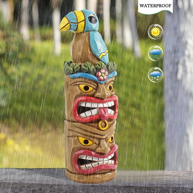 Tiki Totem Pole Solar Powered Garden Statue Decor- Tiki Decorations for Tiki Bar Outdoor Patio Balcony Lawn Yard Backyard