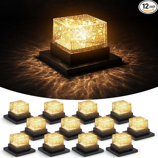 12Pack Crack Pattern Solar Post Cap Lights, DIY Firefly String Light Fence Post Solar Lights, 4x4 5x5 6x6 Vinyl/Wood Deck Post Cap Light, Built-in Solar Panel, Steady&Flickering Outdoor Patio Decor
