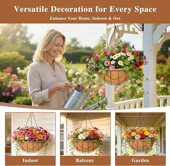 4 Pack Hanging Planter for Outdoor Plants 14 inch Metal Hanging Flower Basket with Coco Coir Liner Round Wire Plant Holder Chain Flower Pots Outdoor Garden Decoration Watering Hanging Baskets（DQ）