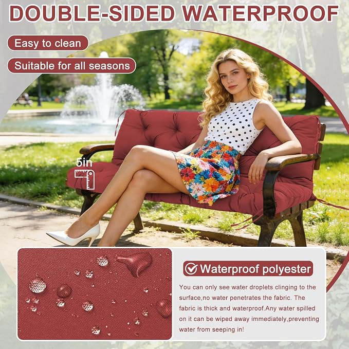 Porch Swing Cushions 70 inch Waterproof & Fade Resistant Thicken 5" Outdoor Swing Cushions 3 Seater Replacement with Backrest & Ties Patio Swing Cushions for Outdoor Furniture (Wine Red)