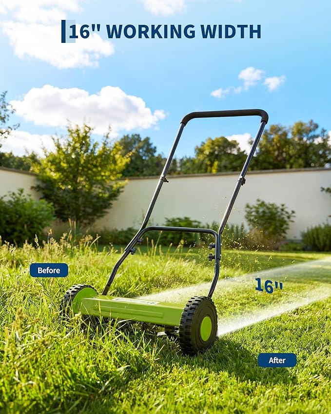 16 Inch Manual Reel Lawn Mower, 5-Blade Push Reel Mower with Adjustable Cutting Height, Walk-Behind Compact Hand Push Mower for Small Yards, Quiet Cordless Mowing (Green) — No Grass Catcher Bag