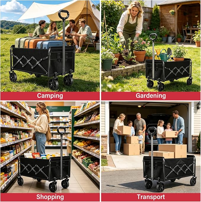 Wagons Carts Foldable - Collapsible Folding Wagon, Portable Folding Wagon Cart with Wheels, Outdoor Utility Carts for Groceries, Camping, Sports, Shopping, Garden, Black