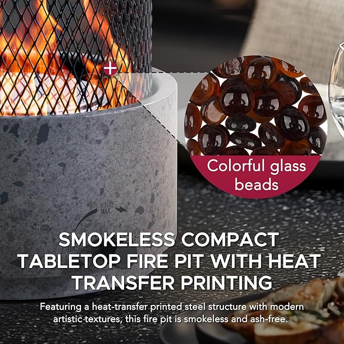 SUNJOY 11000 BTU Tabletop Gas Firepit for Outdoor, 10 Inch Round Tabletop Propane Gas Fire Pit Bottom-Mounted for Table with Umbrella Hole, Portable Smokeless Fireplace with Glass Shield and PVC Cover