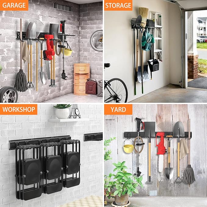 Garage Tool Organizer Wall Mount, Yard Garden Tool Organizer, Adjustable Tool Storage Rack with 4 Heavy Duty Steel Hooks, Max Load 200lbs Garage Organization, Black