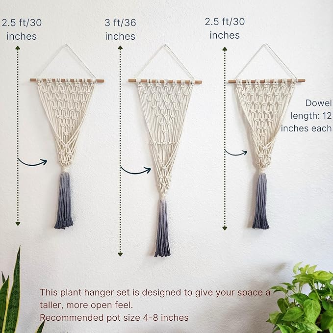 Set of 3 Ombre Dyed Macrame Wall Hanging plant stand Macrame plant hanger indoor and outdoor plant hanger Plant shelf indoor vertical garden planter plant shelf indoor Boho Decor (Ombre Gray)