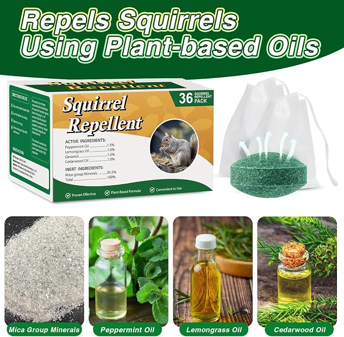 36 Pack Squirrel Repellent Balls, Peppermint Oil Squirrel Deterrent for Groundhog Outdoor & Attic Use Squirrel Repeller for Garage, Garden, Safe for Family & Pets