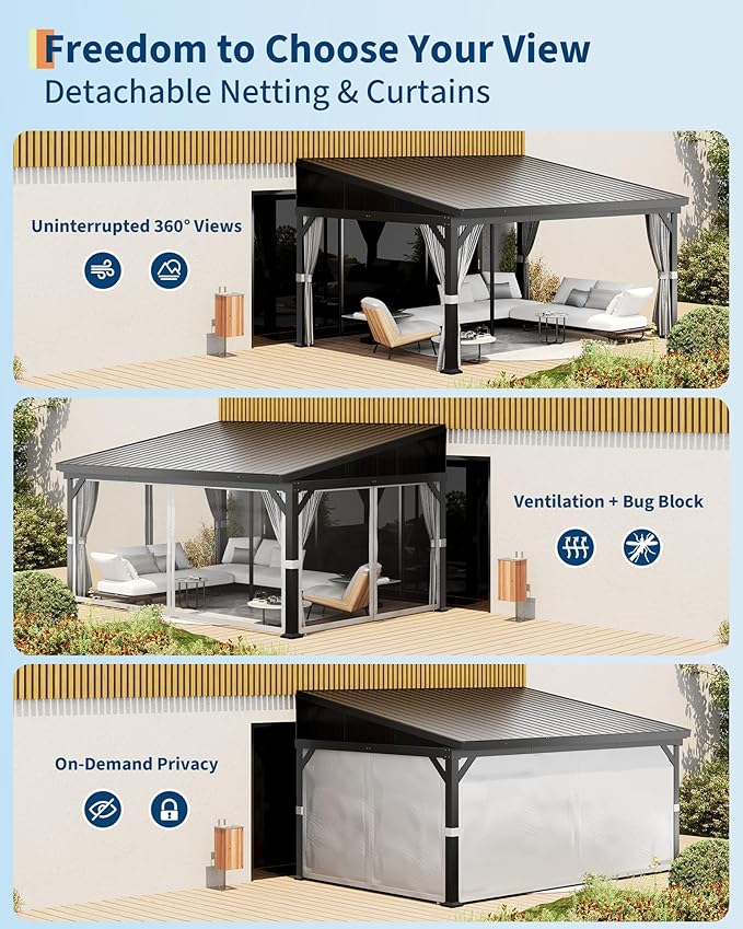 10'x14' Wall-Mounted Lean-to Gazebo with Galvanized Steel Roof, Gutters & Sliding Netting/Curtains – Hardtop Metal Pergola Canopy for Patio, Backyard, Garden, or Carport – Weather-Resistant & Durable