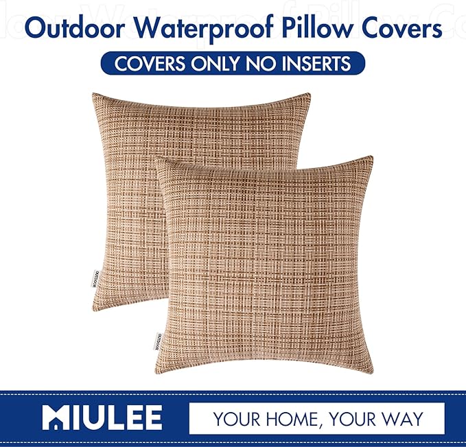 MIULEE Outdoor Waterproof Throw Pillow Covers Decorative Farmhouse Water Resistant Cushion Covers for Tent Patio Garden Couch Sofa Pack of 2, 18x18 Inch Beige