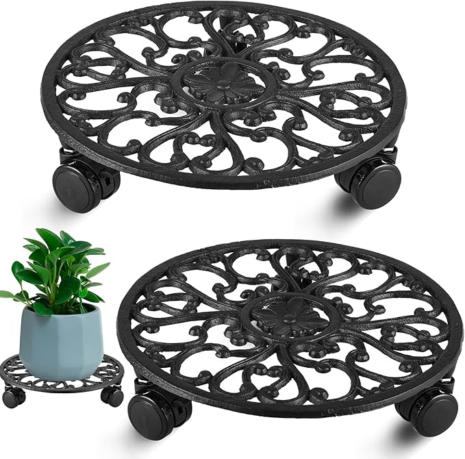 2 Packs 11 Inch Rolling Plant Stand with Wheels Wrought Iron Rolling Plant Stand with Casters Heavy Duty for Indoor Plants Rollers Potted Plant Mover, Metal Round Plant Dolly