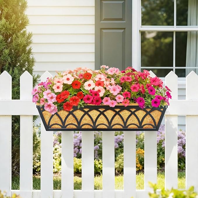 30 Inch Railing Planter Box Window Boxes Planters - 4 Pack Deck Railing Planter Boxes with Adjustable Brackets Coco Liners Balcony Planters Railing Hanging for Window Flower Boxes Outdoor Garden Decor