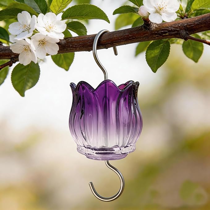 Glass Ant Moat for Hummingbird Feeder - 3 OZ Gradient Purple Tulip Insect Guard with Large Capacity