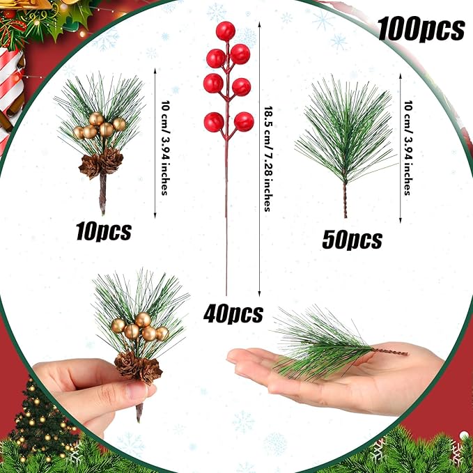 40 Pieces Mini Artificial Christmas Floral Pine Picks Red Berry Picks Holly Red Berry Stems Green Pine Needles for Christmas Tree Wreath Gifting Props Winter Holiday