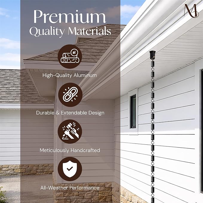 Monarch Rain Chains Aluminum Cylinder Rain Chains for Gutters – 8.5 ft Decorative Rainchain Outdoor Durable Heavy Duty Gutter Chain Downspout, Modern Rainchains for Outside - Black, Cylinder