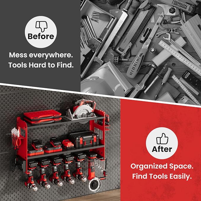 MOOMSINE Power Tool Organizer Wall Mount with Charging Station, Heavy Duty Metal Tool Storage with 5 Outlets, Cordless Drill and Battery Holder for Garage and Workshop Organization, Red