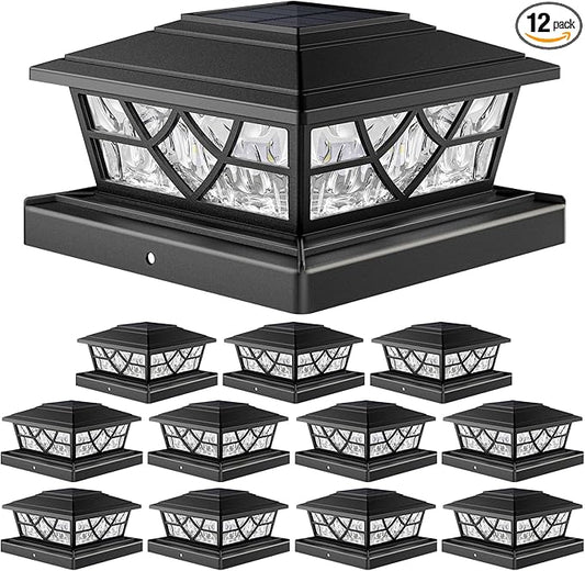 APONUO Solar Post Cap Lights 12 Pack for 4x4 5x5 6x6 Wood Vinyl Fences - IP64 Waterproof, Auto On/Off, Solar Powered Post Lights, Warm Cool White, Deck Patio Yard Decor, Black