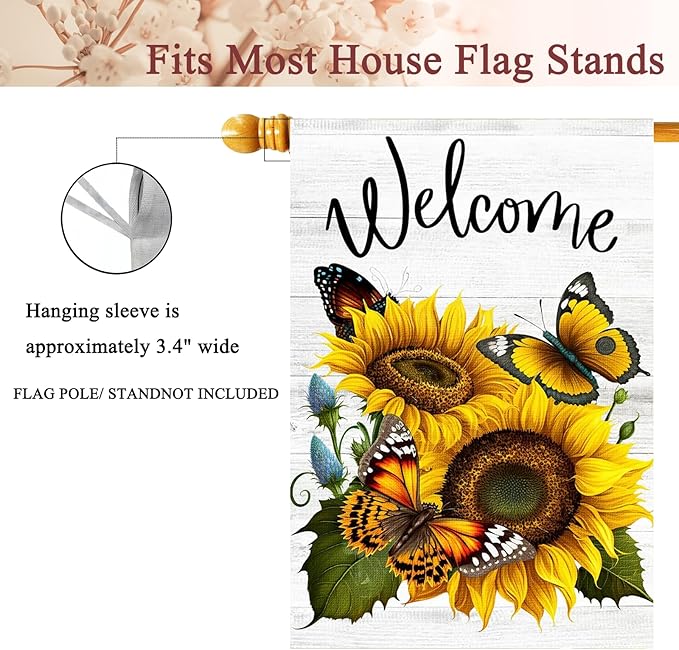 Summer Sunflower Butterfly Garden Flag 28x40 inch Double Sided Welcome Large House Flag, Outdoor Yard Flag for Porch Farmhouse Summer Decor