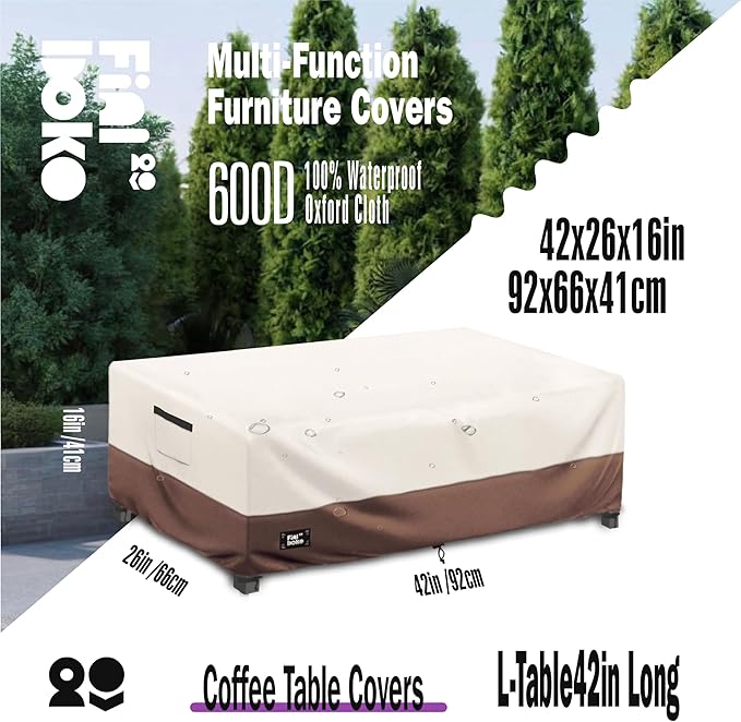 Patio Coffee Table Cover, 36"L x 24"W x 16"H Patio Rectangular Side Table Covers,100% Waterproof 600D Heavy Duty Outdoor Table Cover,Beige&Brow