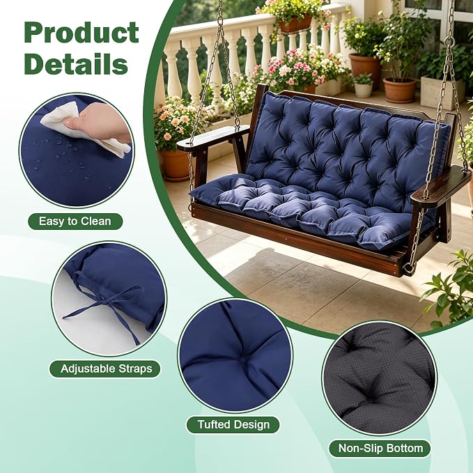 Porch Swing Cushions, 60x40 Inch Swing Cushions for Outdoor Furniture, Waterproof 3 Seater Patio Seat Cushion with Backrest, Replacement Bench Cushion for Glider, Settee, Navy Blue