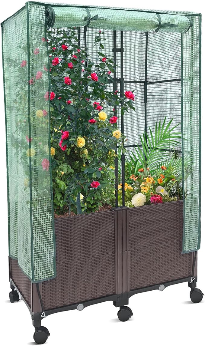 MAYOLIAH 3-in-1 Raised Garden Bed Large Planter Box with Trellis & Cover on Wheels Plastic Tomato Planter with Greenhouse for Deep Rooted & Climbing Plants 31.5x15.7x53-inch Brown