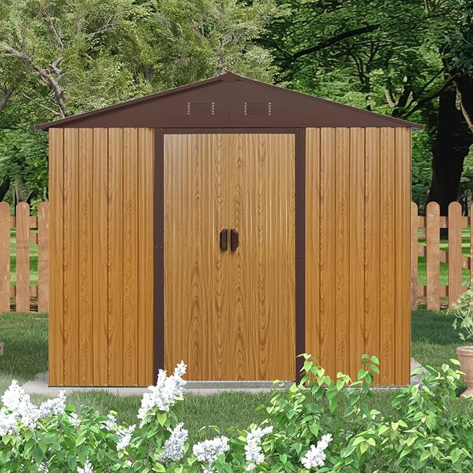 8x4 FT Outdoor Metal Storage Shed, Galvanized Steel Garden Shed with Window, Lockable Sliding Door, Sloped Roof, Ventilated Tool Storage House with Foundation Kit for Backyard Lawn Equipment, Coffee