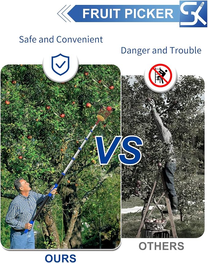30FT Reach Fruit Picker, 5-24 Foot Sturdy Aluminum Telescoping Fruit Picker Extension Pole with Metal Twist-on Basket, Suit for Apple Pear Lemon Mango Guava Orange Avocados Tree Fruit Picking
