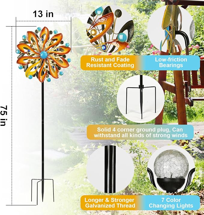 MLKNK Wind Spinners for Yard and Garden - Wind Sculptures & Spinners | Wind Spinners Outdoor 75 Inch, Kinetic Art with Solar Powered Multi-Color Glass Ball Light