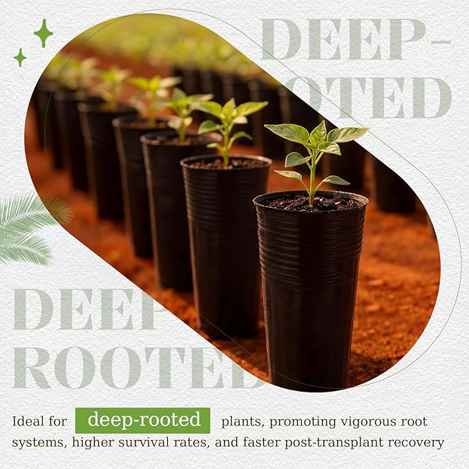 100 Pack Tall Tree Pot 9.8'' x 4.7'', Black Plastic Deep Nursery Pots, Soft Deep Seedling Pots for Seed Starting, Plant Starter Cups with Drainage Holes for Flowers, Cuttings Transplanting