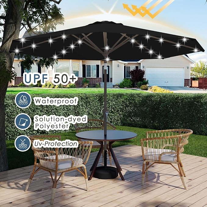 9FT Patio Umbrella with Solar Lights,Outdoor Market Umbrella with Tilt and Crank, LED Lighted Table Umbrella for Garden,Deck,Backyard,Pool,Beach